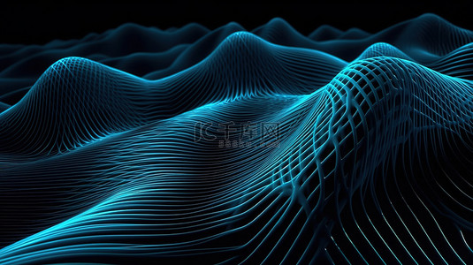 蓝色几何线条科技背景图片_类似波浪的蓝色发光几何条纹的 3D 插图，具有交叉线图案