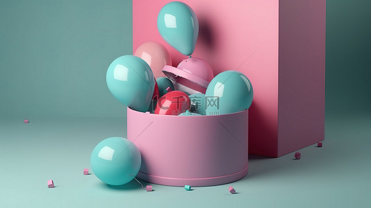 3D 渲染中圆形礼品盒和气球的简约概念化