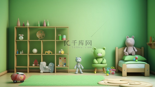 客厅毛坯房背景图片_3D渲染绿色主题儿童卧室