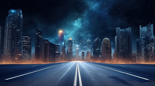 全民VR火热来袭背景图片_荒凉的街道被火热的灯照亮，引导着黑暗的星空 3D 渲染中的午夜大都市