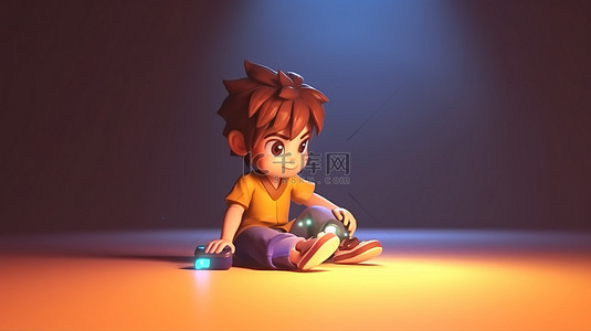 儿童玩家躺在地板上享受电子游戏并有复制空间的卡通插图