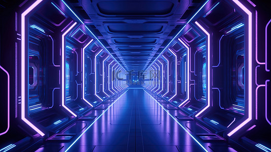 3d 渲染中带有霓虹紫色和蓝色背景的未来太空飞船走廊的插图