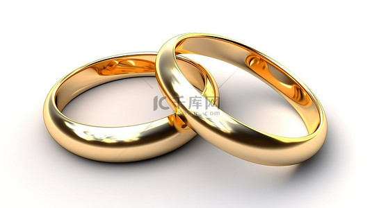 白色背景上以 3D 渲染呈现的两个用黄金制成的联锁结婚戒指