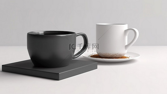 空白的白色茶袋标签模型与通过 3D 渲染创建的原始白色背景上的红茶杯一起