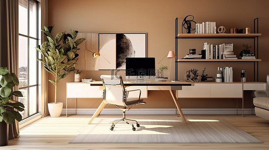 复杂的家庭办公室设计，具有笔记本电脑模型和最小的 3D 桌面空间