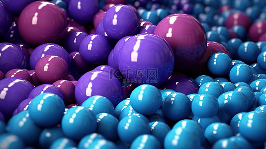 组中抽象插图蓝色和紫色球体的特写 3D 渲染