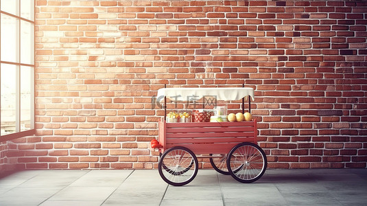 3d 渲染的冰淇淋手推车靠在砖墙上