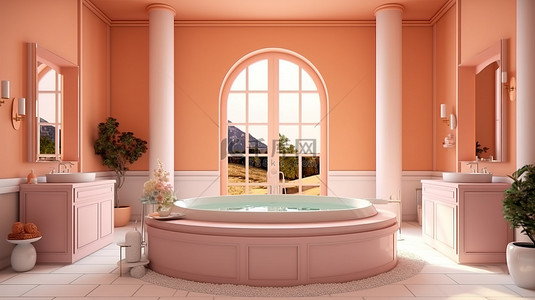 令人惊叹的装饰艺术浴室配有豪华按摩浴缸柔软的桃墙和 3D 可视化