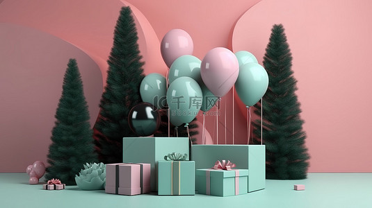讲台上装饰着节日花环气球树和礼品盒，令人惊叹的 3D 渲染
