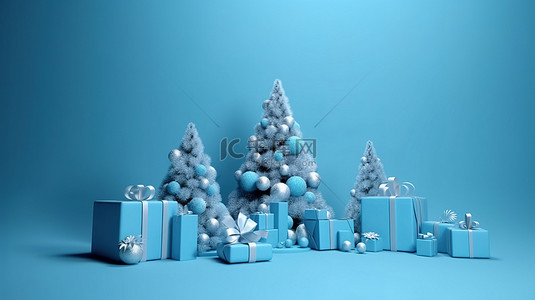 蓝色冬季仙境 3d 渲染圣诞快乐和新年快乐在蓝色背景