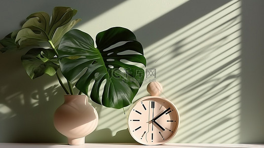 带阴影和计时器的龟背竹植物的 3D 渲染