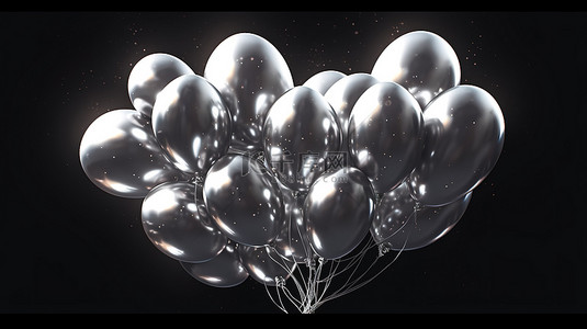 黑色背景下的 7 个 3d 形状银色气球