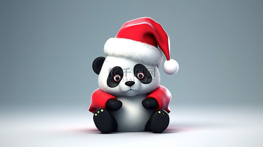 戴着熊猫吉祥物的圣诞老人帽子的 3D 渲染