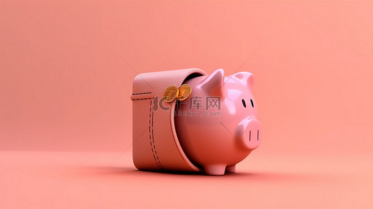 粉红色背景 3D 渲染钱包和投资的财务规划和储蓄