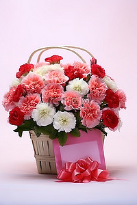 傣族妈妈背景图片_送给妈妈的鲜花礼品篮，里面有玫瑰和康乃馨