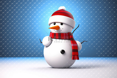 圣诞三维背景图片_一个戴着红色帽子穿着蓝色雪人服装的三维雪人