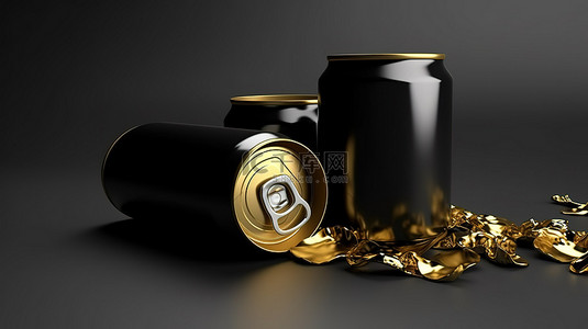 生态友好的 3D 渲染时尚黑色和金色罐头用于食品和饮料