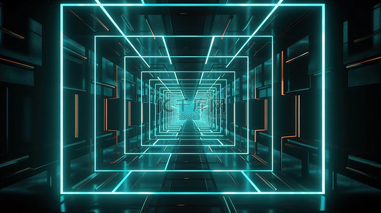 对称的背景图片_方形隧道闪烁着霓虹灯对称的 3D 抽象插图