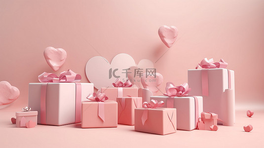 浅粉色背景下心形和礼品盒的 3 维描绘