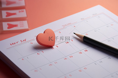 日历情人节背景图片_橙色日历上有一支铅笔，顶部画着一颗心