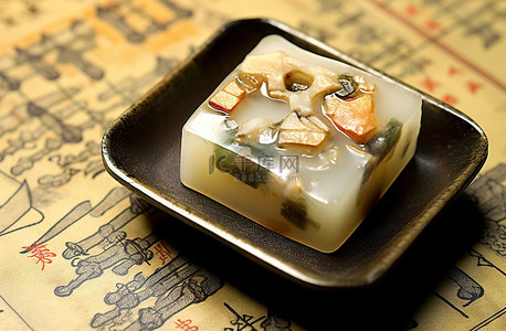 豆腐背景图片_中文菜单和旧地图上放着一小块豆腐
