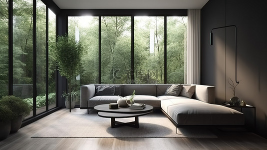 房子背景背景图片_带有 3D 渲染和插图的室内场景，宽敞的客厅俯瞰郁郁葱葱的绿色花园