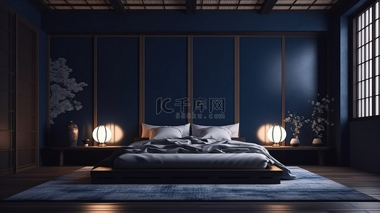 日式榻榻米背景图片_热带室内设计与日式深蓝色卧室和榻榻米地板 3D 渲染
