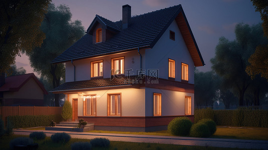 别墅夜间背景图片_带照明的单个房屋的夜间照明 3d 渲染