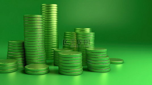 绿色浅绿色背景背景图片_3D 渲染浅绿色背景的插图，带有成堆的硬币和向上的绿色箭头