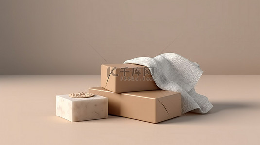 3D 渲染中孤立的米色肥皂条和包装盒的模型