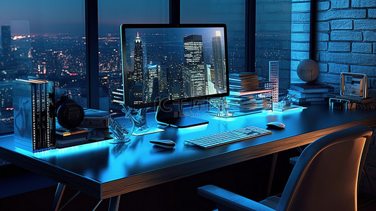 科技设备背景图片_现代工作空间，配有时尚的玻璃办公桌和高科技设备 3D 渲染