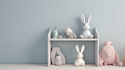 兔子的插画背景图片_带有 3D 渲染玩具兔子的白色展示架