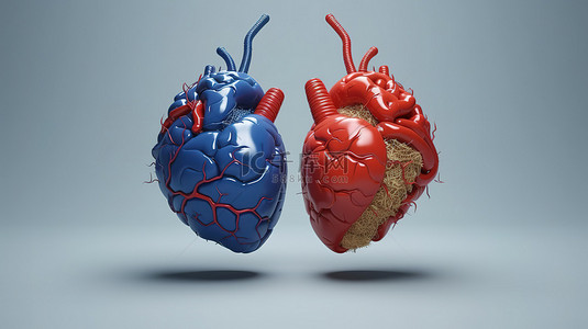 理性背景图片_心脏和大脑的 3d 渲染情绪与理性思维之间的冲突