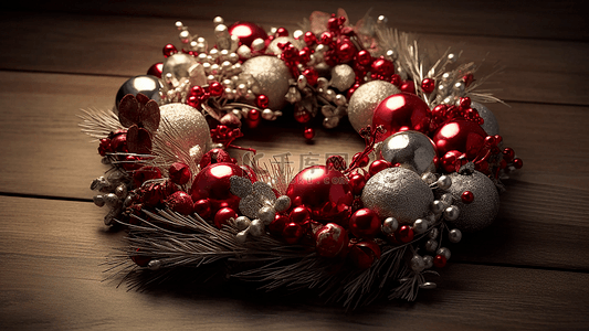 红花环背景图片_圣诞节白色精美红色彩蛋木板