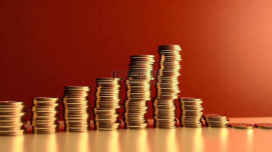 不断上升的硬币堆栈意味着价值增加和财务增长，强调 3D 渲染中所示的储蓄和投资概念