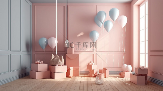 促销礼品海报背景图片_节日 3d 内部礼品盒海报和气球渲染