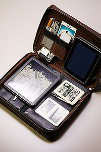 商务旅行箱装有电子阅读器护照和笔