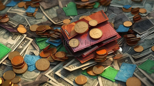 浮动钱包纸币和硬币使用 3D 图形说明在无现金社会中省钱的概念