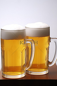 两杯啤酒放在白色表面上