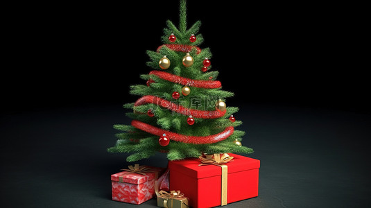 红色礼品盒内一棵充满活力的圣诞树的节日 3D 描绘