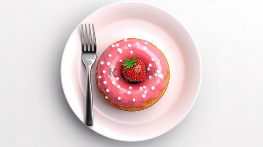 吃蛋糕吃蛋糕背景图片_美味的甜甜圈和餐具，3D 渲染中白色背景的高角度拍摄