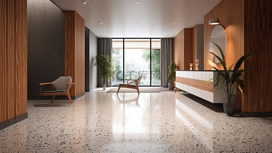 现代风格的用餐区，铺有水磨石地板 3D 渲染模型，铺有阶梯地板