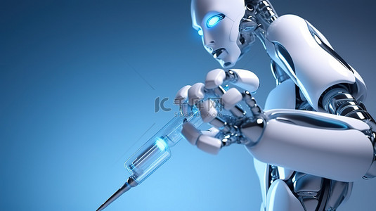 疫苗医疗背景图片_Android 机器人通过注射器 3D 渲染管理医疗技术