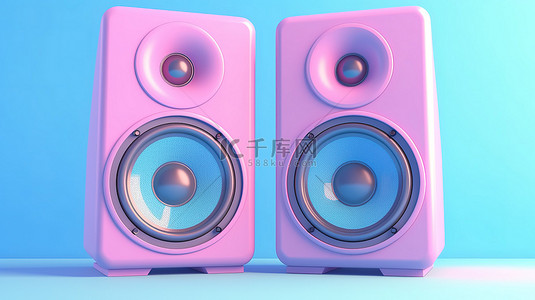 双色调蓝色音频工作室扬声器与充满活力的粉红色背景 3D 渲染