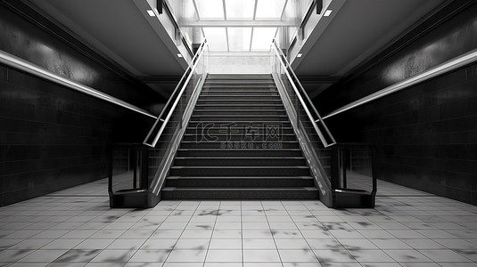 步行地铁中荒凉的黑色楼梯的 3d 渲染