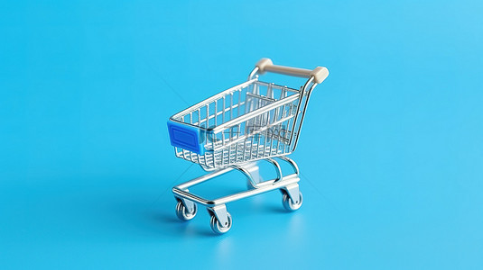 超市买菜背景图片_蓝色背景迷你购物车，简约设计，方便超市导航顶视图 3D 渲染