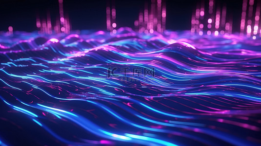 霓虹灯网络波中的电子紫色电路线和板，带有耀斑和黑暗海水上的 3D 渲染