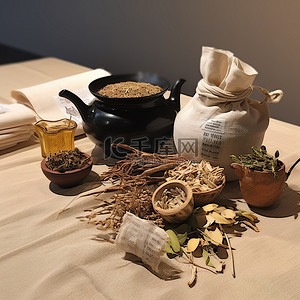 棕色桌子背景图片_桌子上放着几袋花草茶和麻袋