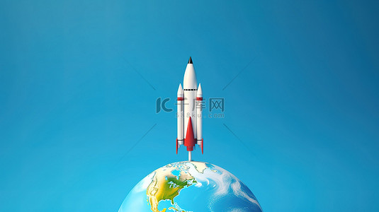 蓝色背景下从地球发射火箭的 3d 插图