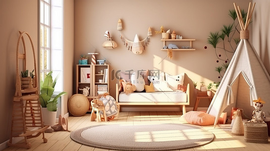 3D 渲染斯堪的纳维亚风格的儿童房，配有天然木制家具